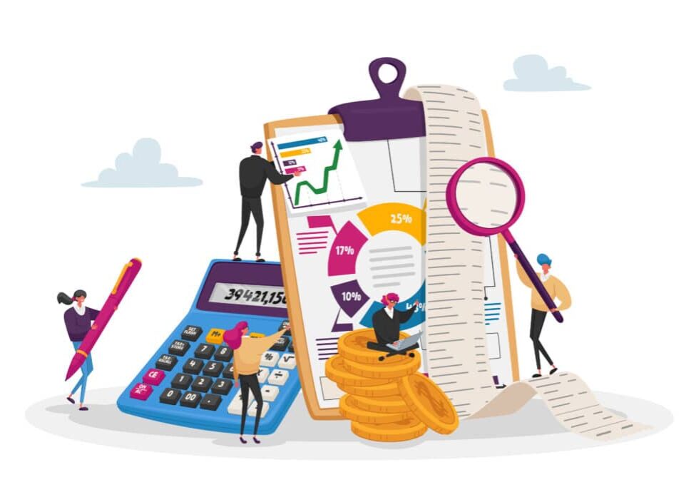 Organizing Accounting, Financial, Banking Data. Tiny Accountant Characters around of Huge Clip Board Filling Bookkeeping Graphs and Charts Counting Debit and Credit. Cartoon People Vector Illustration